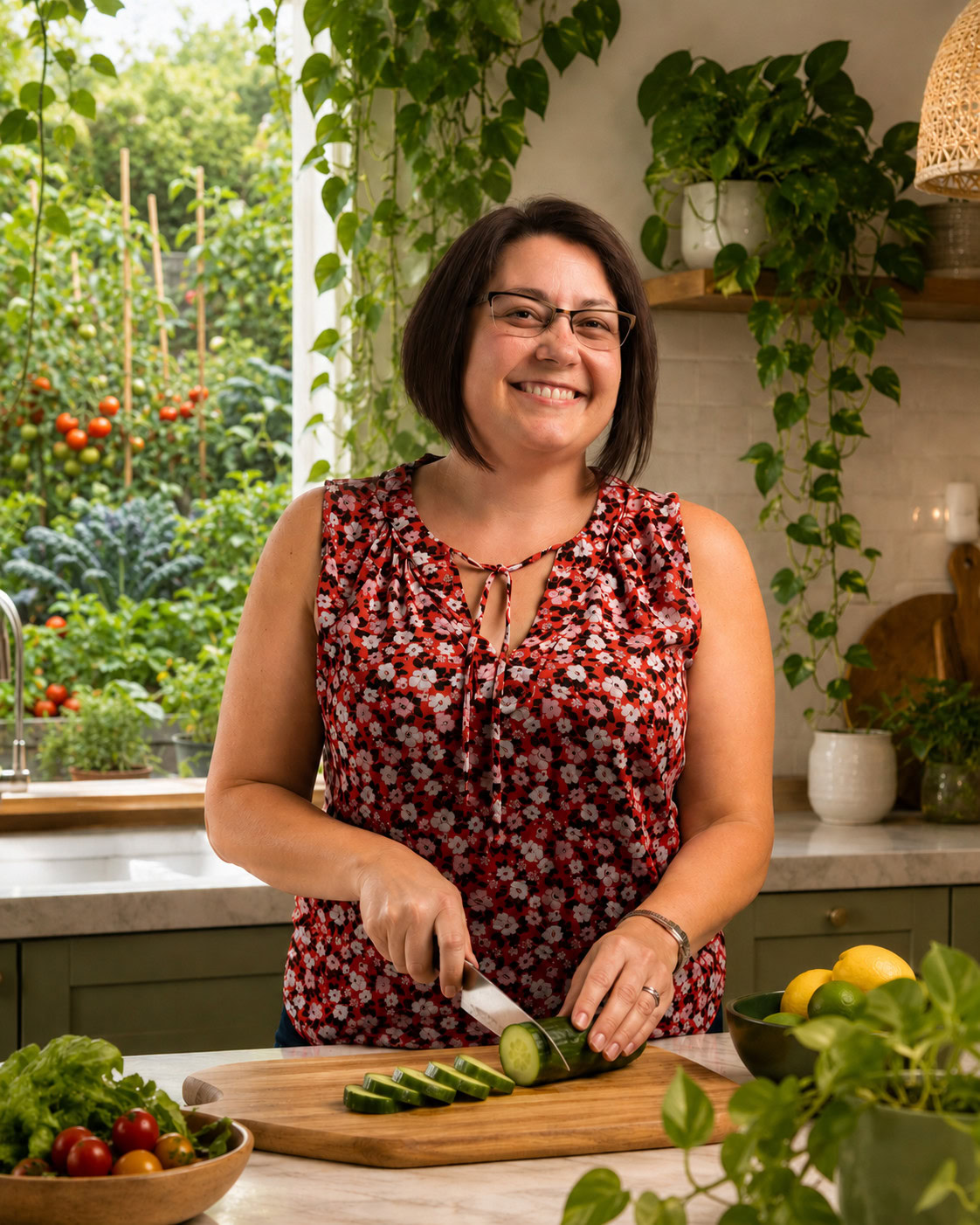 Heather Cooan in the kitchen chopping a cucumber on a wooden cutting board.