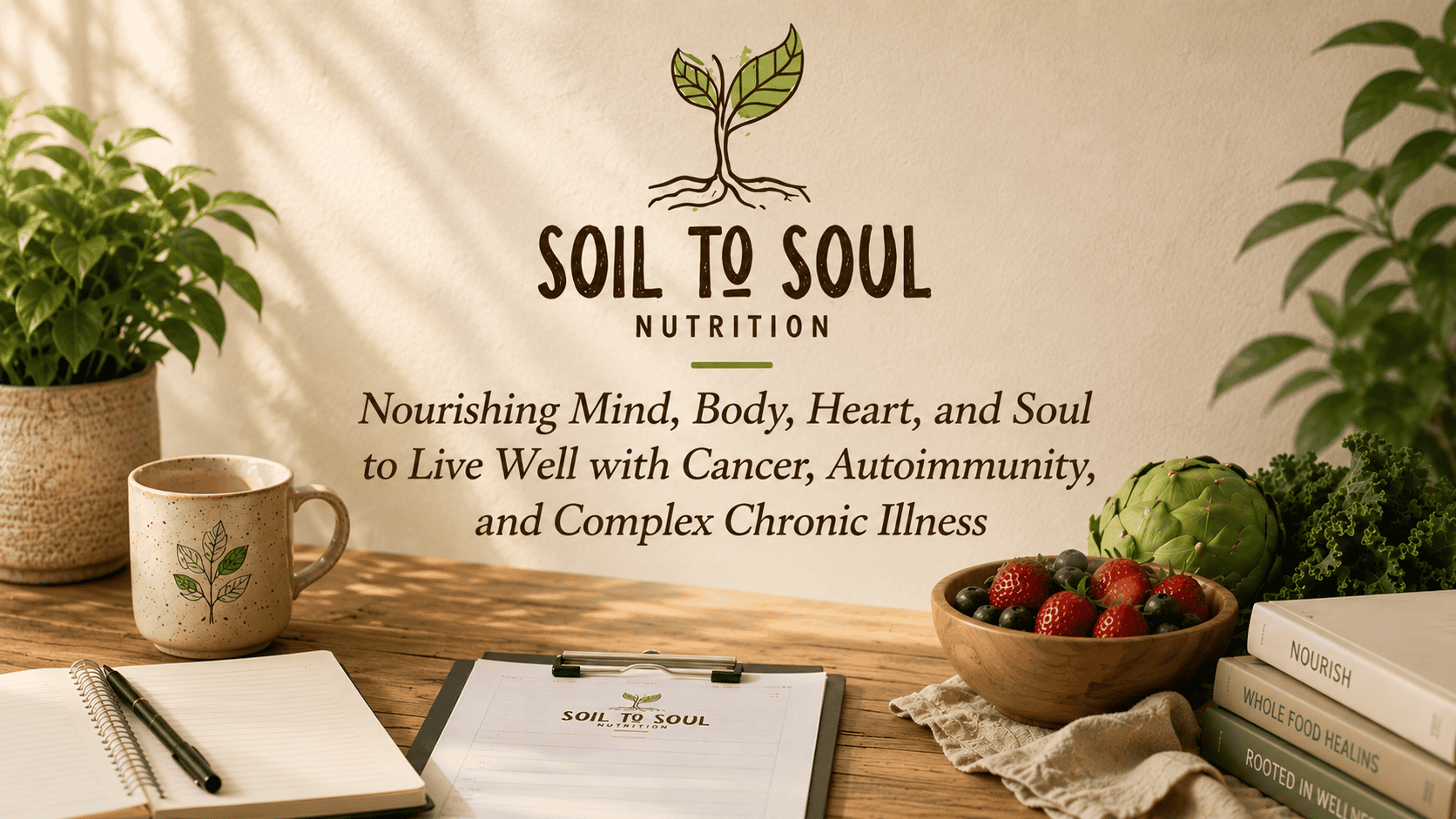 Soil to Soul Nutrition logo with plants and wellness items.