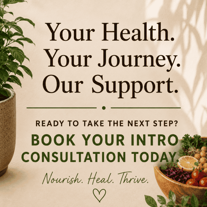 Bowl of fresh fruit and a plant with copy that says book your intro consultation today.