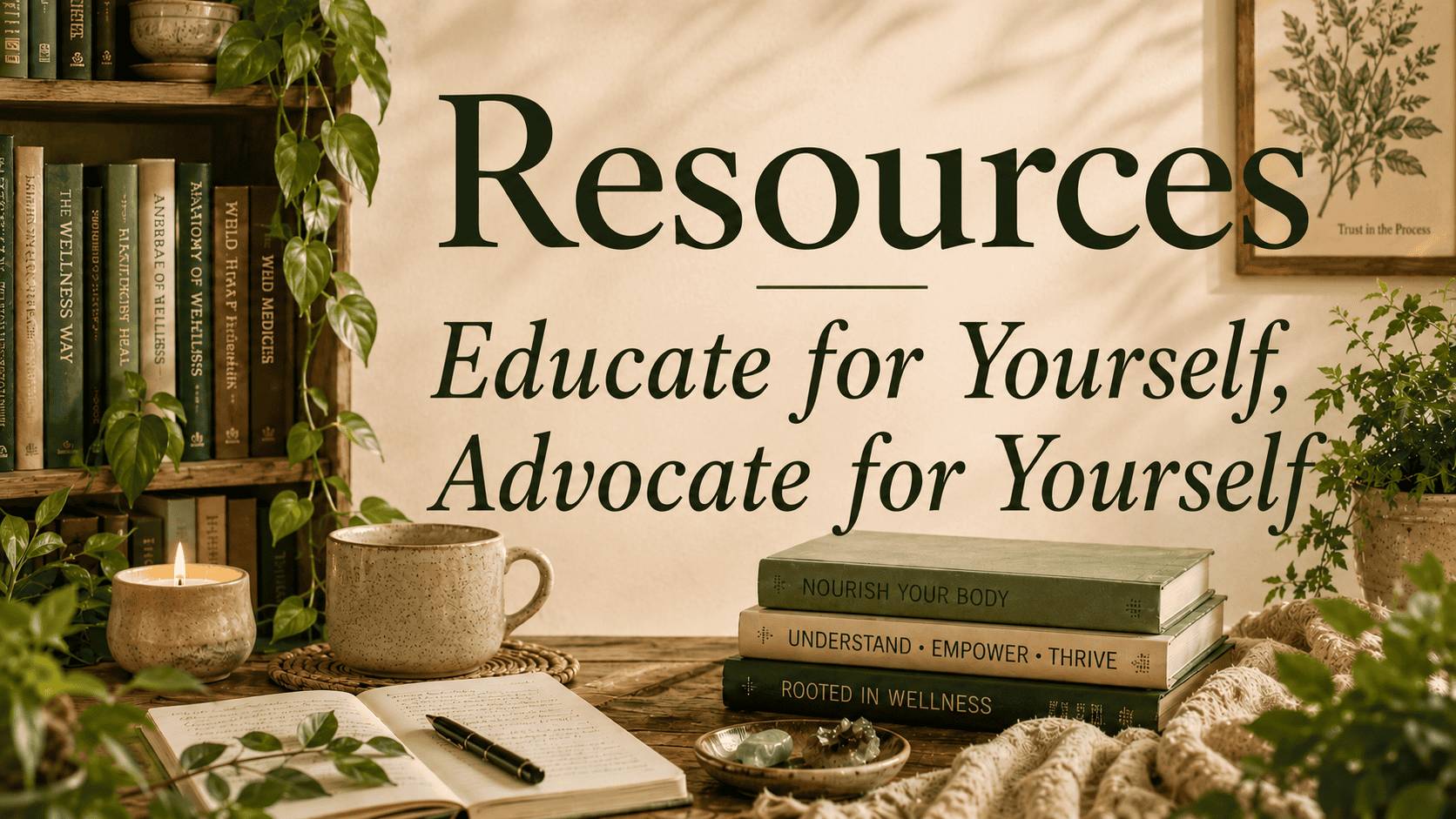 Books and plants on wellness and nutrition for self-education.